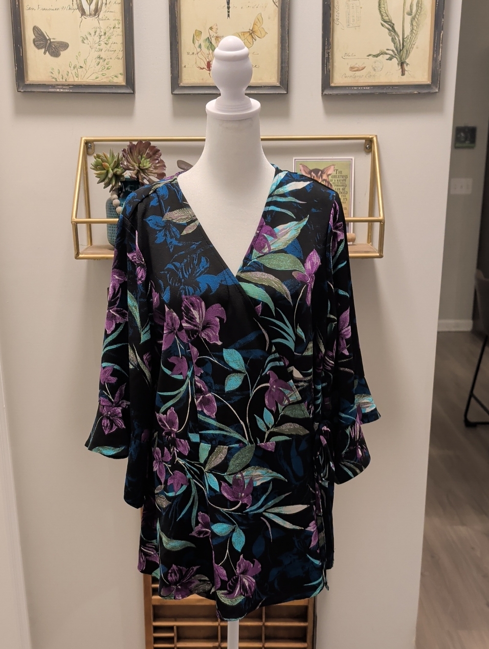 City Chic- Size M Black Floral Peplum Wrap Blouse with Purple & Teal Leaves NWT